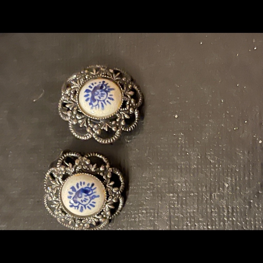 Vintage Dutch Ceramic silver filagree etched bracelet & earrings - Picture 9 of 10